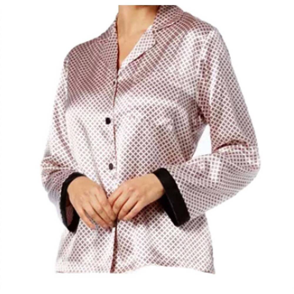 NEW LINEA DONATELLA satin notch collar pajama top in pink/black
